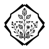 Elegant Black and White Botanical Illustration Floral Emblem featuring leaves, flowers, and branches within a geometric frame and subtle circular accents. vector