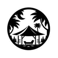 Silhouette of a tropical gazebo under a crescent moon, surrounded by palm trees and foliage, framed by a circular border. vector