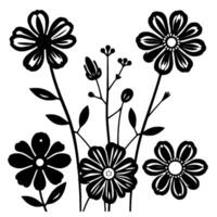 Abstract Black and White Floral Arrangement Featuring Five Distinct Flower Styles, Leaves, and Delicate Sprigs on a White Background. vector