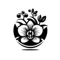 Elegant black and white silhouette illustration of a stylized orchid flower and fruit within a circular frame. vector