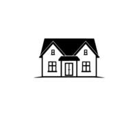 A minimalist illustration of a white house with a black roof, windows, and door, set against a clean white background. vector