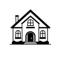 Stylized Black and White Illustration of a House with a Gable Roof, Arched Door and Windows, Chimney, and Minimalist Bushes. vector