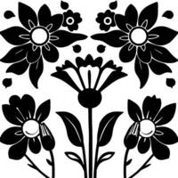 Symmetrical, highcontrast floral pattern in black and white, featuring stylized blossoms, buds, and foliage arranged around a central, fanlike flower. vector