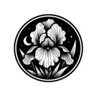 Intricate monochrome floral emblem featuring a detailed iris within a circular frame, incorporating a night sky with a crescent moon and stars. vector