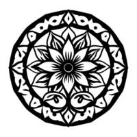 A symmetric, black and white mandala featuring a central flower surrounded by intricate geometric and floral patterns, perfect for meditation and creative designs. vector