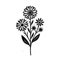 Minimalist Black and White Illustration of a Daisy Bouquet with Textured Petals, Leaves and Simple Lines on White Background. vector