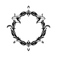 Black and White Circular Floral Frame with Lilies, Leaves, and Ornate Embellishments on a White Background, Isolated. vector