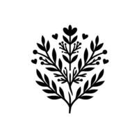 Symmetrical Black Floral with Leaves, Berries, and Hearts on a White Background, Perfect for Pattern or vector