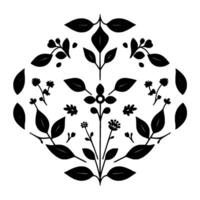 Symmetrical Black and White Floral and Leaf Arrangement. Clean featuring botanical forms arranged in a balanced pattern with stylized flowers and leaves. vector