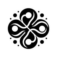 A symmetrical black and white featuring a stylized fourpetal flowerlike motif surrounded by scattered dots, creating a balanced, modern, and minimalist composition. vector
