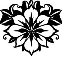 Elegant black and white symmetrical floral , showcasing intricate leaves, curls, and a radial arrangement on a clean white background. vector