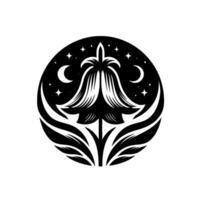 Elegant Floral Celestial Black and white illustration of a bellshaped flower adorned with crescent moons and stars within a circular frame. vector