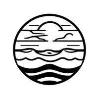Minimalist Black and White Circular of a Sunset Over the Ocean with Wavy Seas, Clouds, and Horizon in a Modern Style. vector