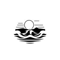 Minimalist Black and White Sunset Over Ocean with Waves and Mountains, Simple . vector