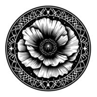 Intricate Black and White Floral Mandala A Detailed Poppy Within Ornate Circular Frame with Delicate Pattern and Starry Accents. vector
