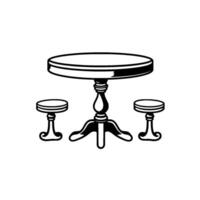 A stylized, black and white illustration of a round dining table with ornate legs, accompanied by two matching stools. vector