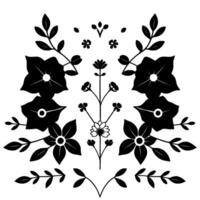 Symmetrical Black and White Floral Illustration with Intricate Leafy Designs and Detailed Petals. vector