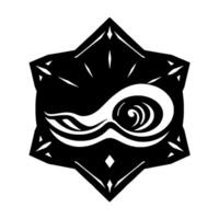 A symmetrical, monochrome of a starshaped mask with a flowing, abstract resembling water or wind. The mask has white highlights. vector