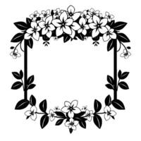 Monochrome floral frame, elegant with blossoms, leaves, and a central blank space, ideal for templates or backgrounds. vector