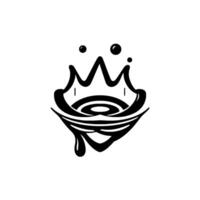Abstract black and white illustration of a stylized, crownlike face with circular eyes, a multilined smiling mouth, and a liquid drop. vector