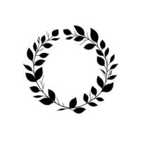 Black and white illustration of a circular wreath composed of stylized leaves and branches, set against a soft white background. vector