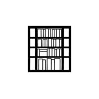 A stark black and white illustration depicts a minimalist library bookshelf filled with stylized book silhouettes arranged on multiple shelves, with a clean, modern aesthetic. vector