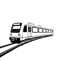 Monochromatic illustration of a modern passenger train traveling on tracks, featuring a perspective view against a blank, white background. vector