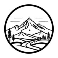 A stylized black and white circular illustration depicting a majestic mountain range, a winding road, and evergreen trees, creating a tranquil landscape. vector