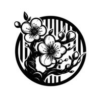 Intricate Black White Illustration of Cherry Blossoms Within a Striped Circular Frame, Symbolic of Spring. vector