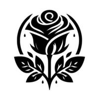 Elegant Black Rose Emblem with Leaves, Within an Arch and Dripping Accents on White Background vector