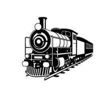 Classic Black and White Steam Train on Rails, Front View, Illustration vector