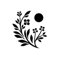 A minimalist black floral featuring stylized leaves, blossoms, and a central circular element on a white background, evoking simplicity. vector