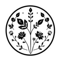 Elegant Circular Monochrome Botanical Illustration Featuring Flowers, Leaves, and Foliage in Symmetrical Arrangement. vector