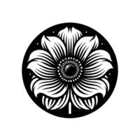 Black and white, stylized floral , a symmetrical flower with radial petals and central pattern, within a black circle. vector