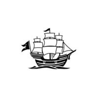 Monochrome illustration of a pirate ship sailing on the sea with black and white color, a Jolly Roger flag, and stylized waves. vector