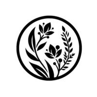 Black and white botanical featuring stylized leaves, flowers, and berries within a circular frame, conveying natures elegance. vector