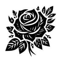 Bold Black Rose Silhouette with Detailed Petals and Leafy Accents, Set Against a Clean White Background in a Minimalist Style. vector