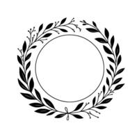 Elegant Black and White Leafy Wreath with a Central Circular Frame, Featuring Delicate Foliage and a Simple Tied Bow, Perfect for Invitations. vector