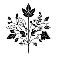 Elegant monochrome floral arrangement, featuring diverse leaves, delicate blossoms, and stylized botanical elements, creating a balanced and artistic on a clean white background. vector
