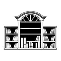 A symmetrical black and white illustration of a classic bookcase , with a central arch and flanking sections filled with books, perfect for logos. vector