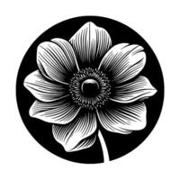 Intricate Black and White Engraving of a Detailed Flower Within a Circular Frame, Featuring Delicate Petal Lines and a Textured Center. vector