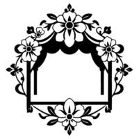 Ornamental black and white floral frame with a central archway, perfect for elegant invitations or decorations. vector