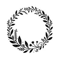 Elegant, Black and White Circular Floral Wreath with Leaves, Berries, and Artistic Foliage on a White Background. vector
