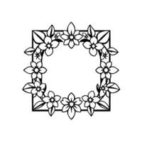 Elegant black and white floral square frame with stylized flowers and leaves in a minimalist , perfect for a border or decorative element. vector