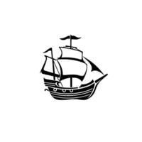 A stylized black and white illustration of a sailing ship, featuring multiple masts, sails billowing, and a minimalist aesthetic on a white background. vector