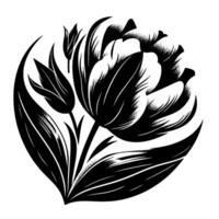 Elegant Black and White Floral Illustration A stylized tulip with surrounding leaves and buds, rendered with dot shading on a clean white background, creating a modern, artistic botanical composition vector