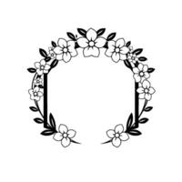 Elegant floral wreath illustration in black and white featuring a rounded rectangular frame with flowers and leaves, perfect for invitations or designs. vector