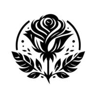 Intricate Black and White Floral Emblem Stylized Rose within a Circular Frame, Featuring Leafy Accents, Perfect for Branding. vector