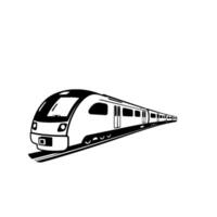 Streamlined Black and White Passenger Train on a Curved Track, Isolated Against a Clean White Background, Perspective View. vector