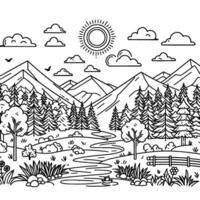 Black and white line art of a serene mountain landscape with forest, river, sun, clouds, fence, birds, and a boat, creating a peaceful nature scene. vector